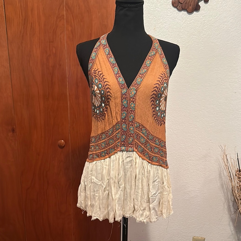 Free People Orange Sleeveless Tank Top with Asymmetrical Pleated Design